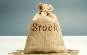 A bag of money with the word stock on it sitting on top of some coins.